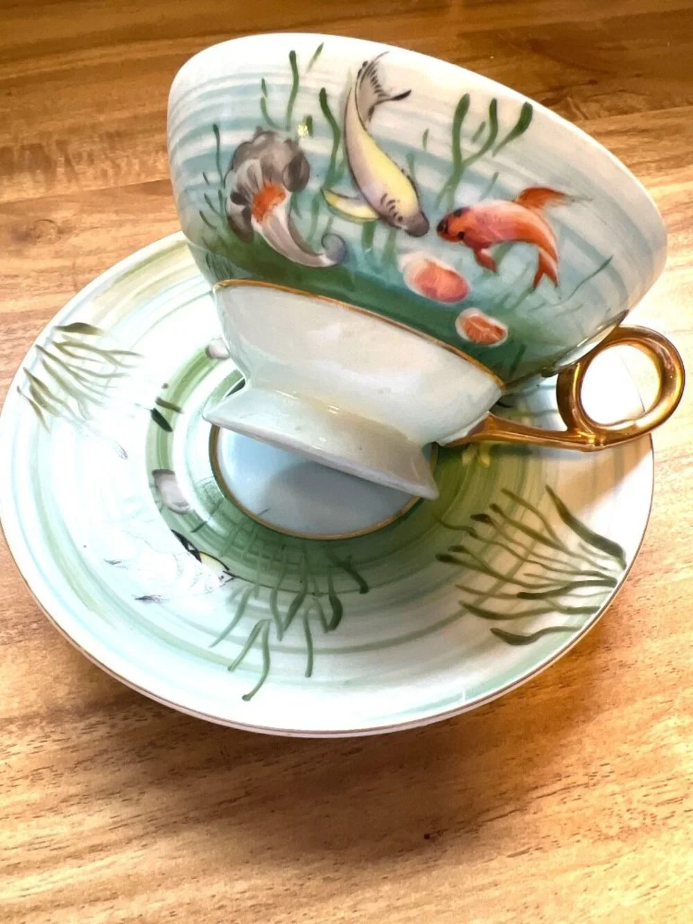 Made in Japan Hand Painted Koi Fish Pond Teacup & Saucer Angel Fish Tropical